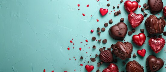 Fototapete - Valentine-themed red and chocolate brown decorations on a mint background create an attractive border with space for text or images. Copy space image. Place for adding text and design