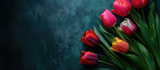 Aufkleber - Colorful tulip flowers on a dark background top view with copy space image.