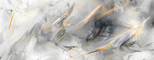 Wall Mural - Abstract background with a marble texture and golden lines in the form of feathers.