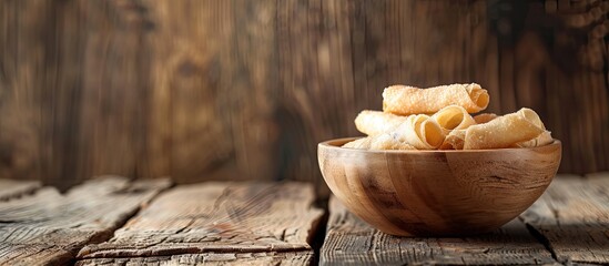 Poster - Wooden table with a bowl of wafer rolls, perfect for adding text to the copy space image.