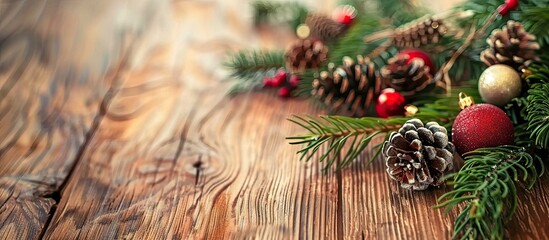 Poster - Festive Christmas decorations and spruce branches beautifully arranged on a wooden table, creating a charming holiday-themed copy space image.