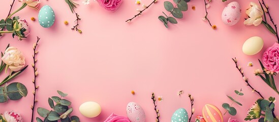 Leinwandbilder - Vertical Happy Easter greeting card with a bright frame created with fresh flowers, eucalyptus twigs, and decorative eggs on a light pink background providing ample copy space image.