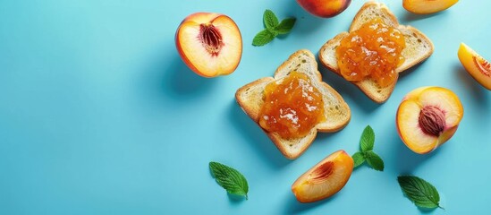 Poster - Top view copy space image of a sweet breakfast featuring toast with peach jam on a blue background, creating a delightful and appetizing visual composition.