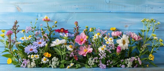 Poster - Flowers from the garden displayed on a blue wooden table with a background perfect for a copy space image.