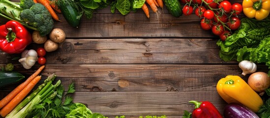 Leinwandbilder - Top view of vegetables arranged on a wooden table with copy space image.