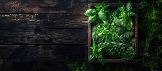 Wall Mural - Fresh herbs and greens arranged on top of each other in a wooden box against a dark wood background, symbolizing healthy food; copy space image.