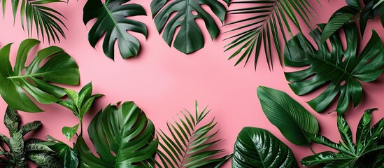 Aufkleber - Frame composed of assorted tropical leaves on a pink backdrop with copy space image.