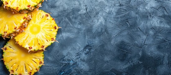 Poster - Pineapple slices arranged on a gray stone backdrop with copy space image.