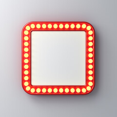 Fototapete - Blank retro round square billboard or blank white signboard sign with glowing yellow neon light bulbs isolated on dark white grey wall background with shadow 3D rendering