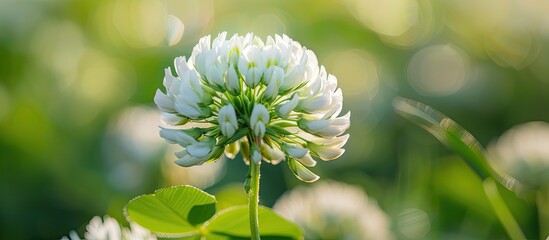 Wall Mural - Close-up of a lovely white clover blossom against a blurred backdrop, ideal for text placement in the copy space image.