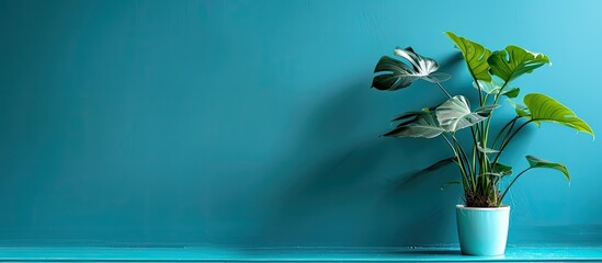 Poster - A plant displayed against a blue wall, providing room for a copy space image.
