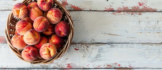 Wall Mural - Top view of a basket of fresh organic peaches on a white wooden table, emphasizing clean eating. Ideal for text with a close-up shot showing beautiful copy space image.