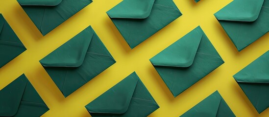 Aufkleber - A flat lay image displaying dark green envelopes against a yellow background from a top view with ample room for text or graphics.