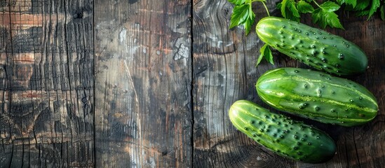 Wall Mural - Organic cucumbers creating a rustic vibe on a weathered wooden backdrop with copy space image.