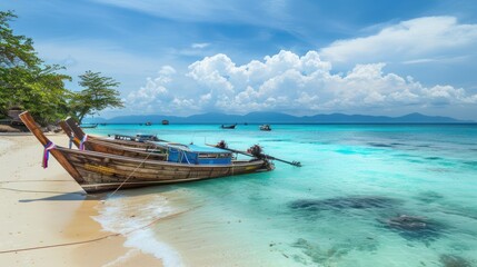 Wall Mural - Long-tail boats moored in a row on a sandy beach island in Thailand.