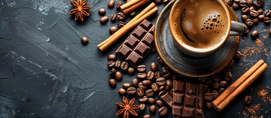 Aufkleber - An arrangement featuring a cup of espresso, coffee beans, a chocolate bar, and cinnamon, with copy space image.