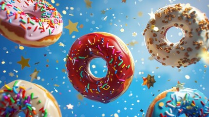 Wall Mural - Flying Colorful Iced Donuts