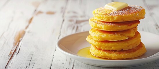 Aufkleber - Homemade corn meal Johnny cakes with melted butter displayed on a white plate against a white wooden background in a side view. Features copy space image.