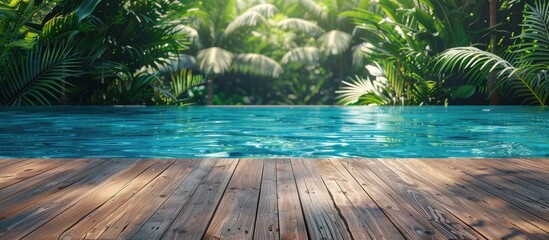 Poster - Wooden poolside adjacent to a crystal-clear outdoor pool, offering a blank canvas for designs in the copy space image.