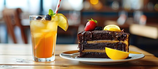 Aufkleber - A refreshing lemonade and a decadent slice of chocolate cake displayed on a cafe table with copy space image.