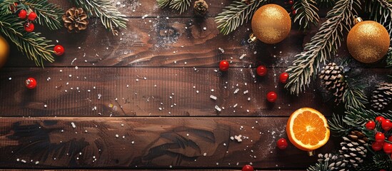 Poster - Festive Christmas and New Year background with lovely decorations on a wooden backdrop with copy space image.