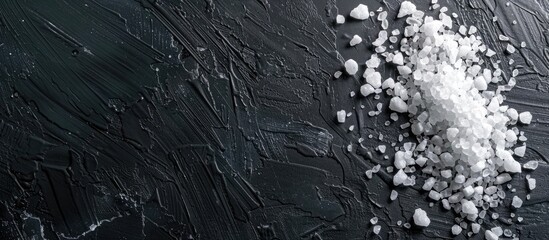 Sticker - Close up view of sea coarse salt on a black textured background with copy space image.