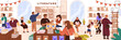 © Paper Trident - Diverse people choose books on bookshelves panorama. Customers make choice of novel, textbook to buy in bookstore. Library, literature store interior with reading buyers. Flat vector illustration