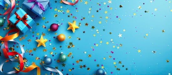 Aufkleber - Vibrant festive flatlay with stars, streamers on blue background copy space image.