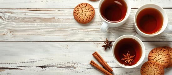 Black tea accompanied by cookies and cinnamon presented on a white wooden backdrop with copy space image.