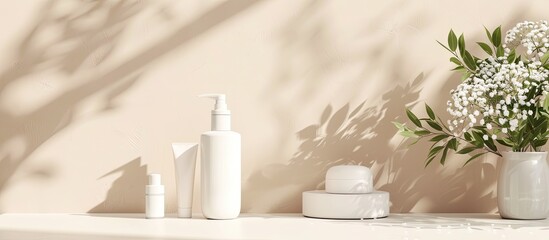 Leinwandbilder - A neutral-toned studio backdrop, ideal for showcasing beauty and skincare items in online product listings with copy space image.