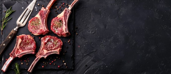 Top-down view of seasoned raw lamb chops on a black backdrop. A meat fork is nearby, with additional space for text or images on the left side of the picture.