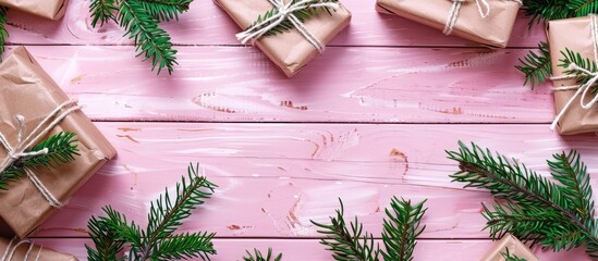 Poster - Top view of gift boxes adorned with fir branches on a pink wooden background, providing copy space image.