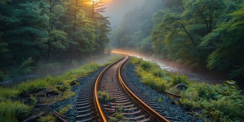 Wall Mural - Misty Forest Railroad Tracks at Dawn