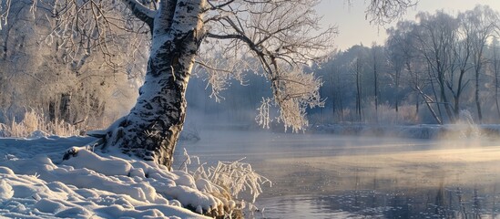 Fototapete - Winter view of a birch tree on a riverbank covered with snow and frost, creating a serene scene with copy space image.