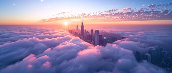 An aerial view of city over the clouds