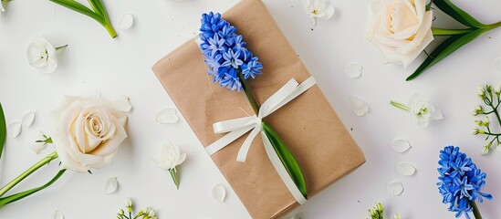 Aufkleber - Craft paper-wrapped gift box with blue hyacinth flowers and white roses on a white table in a flat lay composition, allowing space for text in the image. Copy space image
