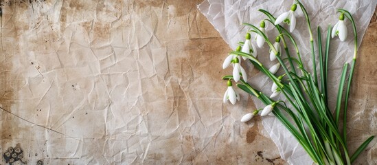 Aufkleber - Top view of spring snowdrops and paper as a text background for a holiday card with copy space image.