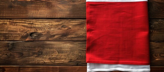 Poster - Top-down view of a red kitchen napkin on a table. The cloth is folded for a mockup with a white area for text or an image, in a minimalist flat lay style. Copy space image