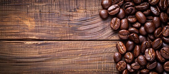 Wall Mural - Coffee beans freshly roasted on a wooden table background, featuring a close-up shot with copy space image.