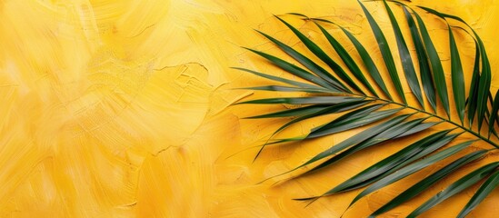 Wall Mural - Flat lay composition featuring a palm leaf against a vibrant yellow backdrop with ample copy space for text, creating a tropical aesthetic with a large tropical plant branch. Close-up view.