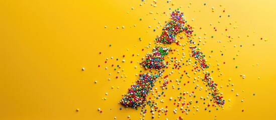 Aufkleber - A Christmas tree formed by vibrant sprinkles on a yellow background in a flat lay style, seen from a top view with copy space image.