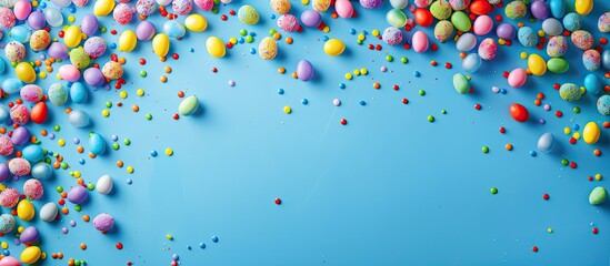 Aufkleber - Vibrant holiday backdrop with blue background featuring candy. Ideal for adding text. Suitable for Easter or birthday cards. Flat lay composition with a top-down perspective and room for text in the