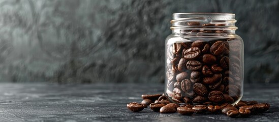 Wall Mural - A coffee bean is displayed on black glass in a jar, perfect for promoting your business through advertising and PR. This image with copy space can enhance your coffee menu.