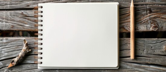 Fototapete - Wooden background with a blank notebook and a wooden pencil, providing a copy space image.