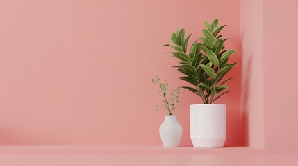 two white vases with plants in them on a pink shelf against a wall