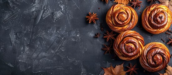Wall Mural - Top view of delicious pumpkin-shaped buns and cinnamon on a dark backdrop with room for text, ideal for a copy space image.