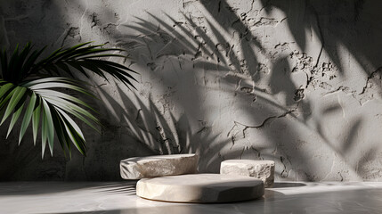 Wall Mural - Minimal scene with podium for product presentation and palm leaves shadow on the wall,Luxury empty marble podium with tropical leaves and plant shadow on white wall for product placement display

