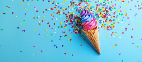 Poster - Colorful party cone and confetti arranged on a bright backdrop with ample copy space image.