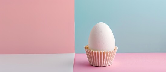 Leinwandbilder - Minimal Easter-themed creative concept featuring a white egg in a paper baking cup against a pastel background for a copy space image.