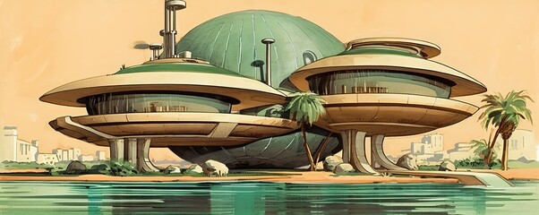 Poster - a painting of a futuristic city with a lake and palm trees in front of it